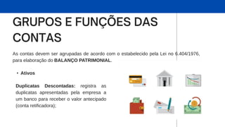 As contas devem ser agrupadas de acordo com o estabelecido pela Lei no 6.404/1976,
para elaboração do BALANÇO PATRIMONIAL.
• Ativos
Duplicatas Descontadas: registra as
duplicatas apresentadas pela empresa a
um banco para receber o valor antecipado
(conta retificadora);
 