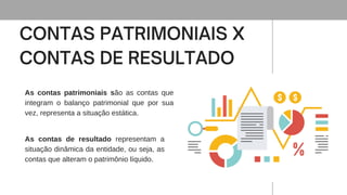 As contas de resultado representam a
situação dinâmica da entidade, ou seja, as
contas que alteram o patrimônio líquido.
As contas patrimoniais são as contas que
integram o balanço patrimonial que por sua
vez, representa a situação estática.
 