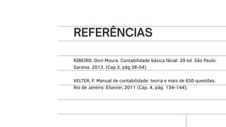 RIBEIRO, Osni Moura. Contabilidade básica fácial. 29 ed. São Paulo:
Saraiva, 2013. (Cap.3, pág.38-54).
VELTER, F. Manual de contabilidade: teoria e mais de 650 questões.
Rio de Janeiro: Elsevier, 2011 (Cap. 4, pág. 134-144).
 