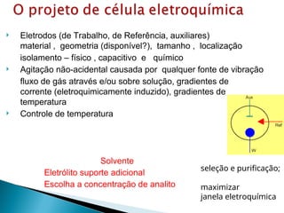  Eletrodos (de Trabalho, de Referência, auxiliares)
material , geometria (disponível?), tamanho , localização
isolamento – físico , capacitivo e químico
 Agitação não-acidental causada por qualquer fonte de vibração
fluxo de gás através e/ou sobre solução, gradientes de
corrente (eletroquimicamente induzido), gradientes de
temperatura
 Controle de temperatura
Solvente
Eletrólito suporte adicional
Escolha a concentração de analito
seleção e purificação;
maximizar
janela eletroquímica
 