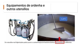 Equipamentos de ordenha e
outros utensílios
Em utensílios mal higienizados pode ocorrer a contaminação de bactérias lácticas, psicrotróficas e coliformes.
5 a 8 °C
 