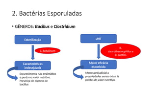 2. Bactérias Esporuladas
• GÊNEROS: Bacillus e Clostridium
Esterilização
C. botulinum
Características
indesejáveis
Escurecimento não enzimático
e perda no valor nutritivo.
Presença de esporos de
bacillus
UHT
B.
stearothermophilus e
B. subtilis
Maior eficácia
esporicida
Menos prejudicial a
propriedades sensoriais e às
perdas do valor nutritivo
 