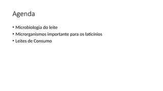 Agenda
• Microbiologia do leite
• Microrganismos importante para os laticínios
• Leites de Consumo
 
