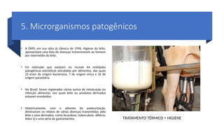 5. Microrganismos patogênicos
• A OMS, em sua obra já clássica de 1996, Higiene do leite,
apresentava uma lista de doenças transmissíveis ao homem
por intermédio do leite.
• Foi estimado que existiam no mundo 64 entidades
patogênicas zoonóticas veiculadas por alimentos, das quais
25 eram de origem bacteriana, 7 de origem vírica e 32 de
origem parasitária.
• No Brasil, foram registrados vários surtos de intoxicação ou
infecção alimentar, nos quais leite ou produtos derivados
estavam envolvidos.
• Historicamente, com o advento da pasteurização,
diminuíram os relatos de várias doenças transmitidas pelo
leite e seus derivados, como brucelose, tuberculose, difteria,
febre Q e uma série de gastrenterites. TRATAMENTO TÉRMICO + HIGIENE
 