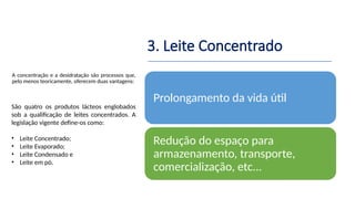 3. Leite Concentrado
A concentração e a desidratação são processos que,
pelo menos teoricamente, oferecem duas vantagens:
Prolongamento da vida útil
Redução do espaço para
armazenamento, transporte,
comercialização, etc...
São quatro os produtos lácteos englobados
sob a qualificação de leites concentrados. A
legislação vigente define-os como:
• Leite Concentrado;
• Leite Evaporado;
• Leite Condensado e
• Leite em pó.
 