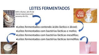 LEITES FERMENTADOS
•Leites fermentados contendo ácido láctico e álcool;
•Leites fermentados com bactérias lácticas e mofos;
•Leites fermentados com bactérias lácticas mesófilas;
•Leites fermentados com bactérias lácticas termófilas.
Kefir e Kumys, até 2% de
etanol, espumosas pela
presença do CO₂
 