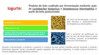 Iogurte:
Produto do leite coalhado por fermentação mediante ação
de Lactobacillus bulgaricus e Streptococcus thermophilus a
partir do leite pasteurizado.
Fermentação 42 a 43 °C
Acidez entre 3,8 a 4,0
Legislação exige microrganismos viáveis no produto final na
quantidade mínima de 107
(10.000.000)colônias por grama
Efeito probiótico e terapêutico
No início da fermentação, o pH do
leite favorece o desenvolvimento
do Streptococcus thermophilus.
Com o aumento da acidificação, ou
seja, do teor de ácido láctico a partir
da lactose, crescem os Lactobacillus
delbrurckii SSP bulgaricus.
Durante a fermentação, a proteína, a gordura e a lactose do leite sofrem hidrólise parcial, tornando o produto
facilmente digerível, sendo considerado agente regulador das funções digestivas. A acidez própria estimula as
enzimas digestivas pelas glândulas salivares.
 