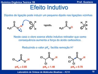 Química Orgânica Teórica 1B

Prof. Gustavo

Efeito Indutivo
Dipolos de ligação pode induzir um pequeno dipolo nas ligações vizinhas

Neste caso o cloro exerce efeito indutivo retirador que como
consequência aumenta a força do ácido carboxílico.

Reduzindo o valor pKa: facilita remoção H+

Laboratório de Síntese de Moléculas Bioativas – K210

18

 