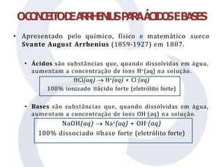 • Apresentado pelo químico, físico e matemático sueco
Svante August Arrhenius (1859-1927) em 1887.
• Ácidos são substâncias que, quando dissolvidas em água,
aumentam a concentração de íons H+(aq) na solução.
HCl(aq)  H+(aq) + Cl-(aq)
100% ionizado ≡ácido forte (eletrólito forte)
• Bases são substâncias que, quando dissolvidas em água,
aumentam a concentração de íons OH-(aq) na solução.
NaOH(aq)  Na+(aq) + OH-(aq)
100% dissociado ≡base forte (eletrólito forte)
OC
O
N
C
E
IT
OD
EA
R
R
H
E
N
I
U
SP
A
R
AÁ
C
I
D
O
SEB
A
SES
 