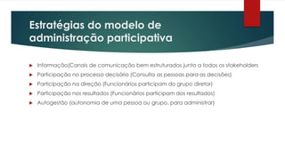 Estratégias do modelo de
administração participativa
 Informação(Canais de comunicação bem estruturados junto a todos os stakeholders
 Participação no processo decisório (Consulta as pessoas para as decisões)
 Participação na direção (Funcionários participam do grupo diretor)
 Participação nos resultados (Funcionários participam dos resultados)
 Autogestão (autonomia de uma pessoa ou grupo, para administrar)
 