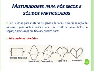 MISTURADORES PARA PÓS SECOS E
SÓLIDOS PARTICULADOS
16
 São usados para misturas de grãos e farinhas e na preparação de
misturas pré-prontas (sucos em pó, mistura para bolos e
sopas).classificados em tipo adequados para:
 Misturadores rotatórios
 