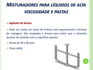 MISTURADORES PARA LÍQUIDOS DE ALTA
VISCOSIDADE E PASTAS
29
 Agitador de âncora
 Pode ser usado em vasos de mistura com aquecimento e lâminas
de raspagem. São acopladas à âncora para evitar que o alimento
queime em contato com a superfície quente;
 Giram de 20 a 60 rpm;
 Fluxo radial.
 