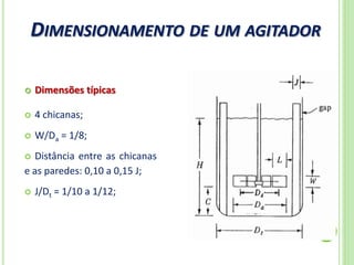 DIMENSIONAMENTO DE UM AGITADOR
33
 Dimensões típicas
 4 chicanas;
 W/Da = 1/8;
 Distância entre as chicanas
e as paredes: 0,10 a 0,15 J;
 J/Dt = 1/10 a 1/12;
 