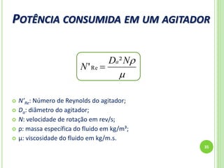 POTÊNCIA CONSUMIDA EM UM AGITADOR
35
 N’Re: Número de Reynolds do agitador;
 Da: diâmetro do agitador;
 N: velocidade de rotação em rev/s;
 ρ: massa específica do fluido em kg/m³;
 µ: viscosidade do fluido em kg/m.s.

ND
N
a²
'Re 
 