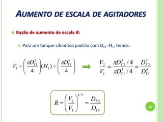 AUMENTO DE ESCALA DE AGITADORES
43
 Razão de aumento de escala R:
 Para um tanque cilíndrico padrão com DT1=H1, temos:













4
)(
4
3
1
1
2
1
1
TT D
H
D
V

3
1
3
2
3
1
3
2
1
2
4/
4/
T
T
T
T
D
D
D
D
V
V



1
2
3/1
1
2
T
T
D
D
V
V
R 






 