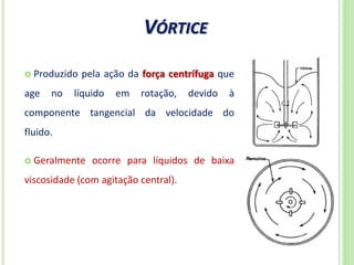 VÓRTICE
8
 Produzido pela ação da força centrífuga que
age no líquido em rotação, devido à
componente tangencial da velocidade do
fluido.
 Geralmente ocorre para líquidos de baixa
viscosidade (com agitação central).
 