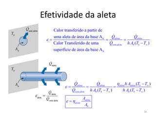 Efetividade da aleta
16
b
b
Calor transferido a partir de
uma aleta de área da base A
Calor Transferido de uma ( )
superfície de área da base A
aleta aleta
semaleta b b
Q Q
Q h A T T


  

( )
( ) ( )
aleta aleta aleta aleta b
semaleta b b b b
aleta
aleta
b
Q Q h A T T
Q h A T T h A T T
A
A


 

 

  
 

 