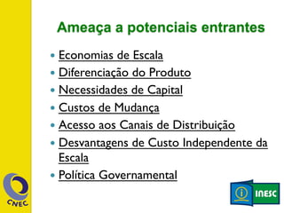 Ameaça a potenciais entrantes 
— Economias de Escala 
— Diferenciação do Produto 
— Necessidades de Capital 
— Custos de Mudança 
— Acesso aos Canais de Distribuição 
— Desvantagens de Custo Independente da 
Escala 
— Política Governamental 
 