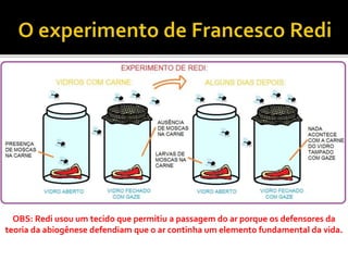 OBS: Redi usou um tecido que permitiu a passagem do ar porque os defensores da
teoria da abiogênese defendiam que o ar continha um elemento fundamental da vida.