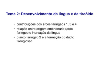 Tema 2: Desenvolvimento da língua e da tireóide
• contribuições dos arcos faríngeos 1, 3 e 4
• relação entre orígem embrionário (arco
faríngeo e inervação da língua
• o arco faríngeo 2 e a formação do ducto
tireoglosso
 