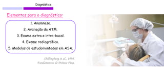 Diagnóstico 
Elementos para o diagnóstico: 
1. Anamnese. 2. Avaliação da ATM. 3. Exame extra e intra-bucal. 4. Exame radiográfico. 5. Modelos de estudomontados em ASA. 
Shillingburg et al., 1998. 
Fundamentos de Prótese Fixa.  
