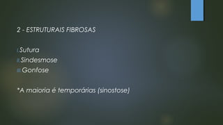 2 - ESTRUTURAIS FIBROSAS
I.Sutura
II.Sindesmose
III.Gonfose
*A maioria é temporárias (sinostose)
 