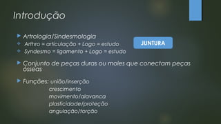 Introdução
 Artrologia/Sindesmologia
 Arthro = articulação + Logo = estudo
 Syndesmo = ligamento + Logo = estudo
 Conjunto de peças duras ou moles que conectam peças
ósseas
 Funções: união/inserção
crescimento
movimento/alavanca
plasticidade/proteção
angulação/torção
JUNTURA
 