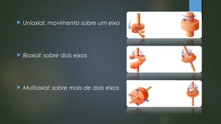  Uniaxial: movimento sobre um eixo
 Biaxial: sobre dois eixos
 Multiaxial: sobre mais de dois eixos
 