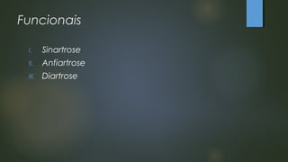 Funcionais
I. Sinartrose
II. Anfiartrose
III. Diartrose
 