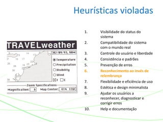 Heurísticas violadas
1. Visibilidade do status do
sistema
2. Compatibilidade do sistema
com o mundo real
3. Controle do usuário e liberdade
4. Consistência e padrões
5. Prevenção de erros
6. Reconhecimento ao invés de
relembrança
7. Flexibilidade e eficiência de uso
8. Estética e design minimalista
9. Ajudar os usuários a
reconhecer, diagnosticar e
corrigir erros
10. Help e documentação
 