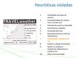Heurísticas violadas
1. Visibilidade do status do
sistema
2. Compatibilidade do sistema
com o mundo real
3. Controle do usuário e liberdade
4. Consistência e padrões
5. Prevenção de erros
6. Reconhecimento ao invés de
relembrança
7. Flexibilidade e eficiência de
uso
8. Estética e design minimalista
9. Ajudar os usuários a
reconhecer, diagnosticar e
corrigir erros
10. Help e documentação
 