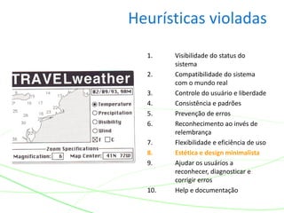 Heurísticas violadas
1. Visibilidade do status do
sistema
2. Compatibilidade do sistema
com o mundo real
3. Controle do usuário e liberdade
4. Consistência e padrões
5. Prevenção de erros
6. Reconhecimento ao invés de
relembrança
7. Flexibilidade e eficiência de uso
8. Estética e design minimalista
9. Ajudar os usuários a
reconhecer, diagnosticar e
corrigir erros
10. Help e documentação
 