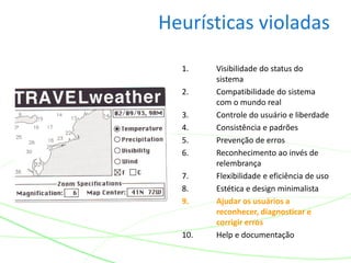 Heurísticas violadas
1. Visibilidade do status do
sistema
2. Compatibilidade do sistema
com o mundo real
3. Controle do usuário e liberdade
4. Consistência e padrões
5. Prevenção de erros
6. Reconhecimento ao invés de
relembrança
7. Flexibilidade e eficiência de uso
8. Estética e design minimalista
9. Ajudar os usuários a
reconhecer, diagnosticar e
corrigir erros
10. Help e documentação
 