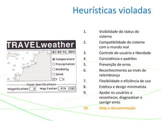 Heurísticas violadas
1. Visibilidade do status do
sistema
2. Compatibilidade do sistema
com o mundo real
3. Controle do usuário e liberdade
4. Consistência e padrões
5. Prevenção de erros
6. Reconhecimento ao invés de
relembrança
7. Flexibilidade e eficiência de uso
8. Estética e design minimalista
9. Ajudar os usuários a
reconhecer, diagnosticar e
corrigir erros
10. Help e documentação
 