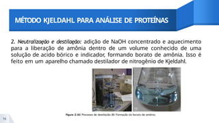 MÉTODO KJELDAHL PARA ANÁLISE DE PROTEÍNAS
2. Neutralizaęão e destilaęão: adição de NaOH concentrado e aquecimento
para a liberação de amônia dentro de um volume conhecido de uma
solução de acido bórico e indicador, formando borato de amônia. Isso é
feito em um aparelho chamado destilador de nitrogênio de Kjeldahl.
16
 