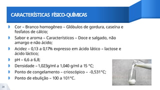 CARACTERÍSTICAS FÍSICO-QUÍMICAS
◗ Cor – Branco homogêneo – Glóbulos de gordura, caseína e
fosfatos de cálcio;
◗ Sabor e aroma – Característicos – Doce e salgado, não
amargo e não ácido;
◗ Acidez – 0,13 a 0,17% expresso em ácido lático – lactose e
ácido láctico;
◗ pH – 6,6 a 6,8;
◗ Densidade –1,023g/ml a 1,040 g/ml a 15 °C;
◗ Ponto de congelamento – crioscópico – -0,531°C;
◗ Ponto de ebulição – 100 a 101°C.
28
 