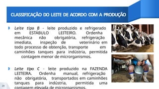 CLASSIFICAÇÃO DO LEITE DE ACORDO COM A PRODUÇÃO
◗ Leite tipo B – leite produzido e refrigerado
em ESTÁBULO LEITEIRO. Ordenha
mecânica não obrigatória, refrigeração
imediata, inspeção de veterinário em
todo processo de obtenção, transporte em
caminhões tanques para indústria, permitida
contagem menor de microrganismos.
◗ Leite tipo C – leite produzido na FAZENDA
LEITEIRA. Ordenha manual, refrigeração
não obrigatória, transportados em caminhões
tanques para indústria, permitida uma
29
 