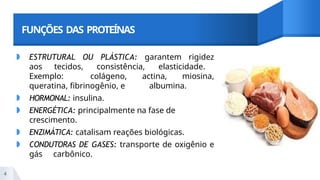 FUNÇÕES DAS PROTEÍNAS
◗ ESTRUTURAL OU PLÁSTICA: garantem rigidez
aos tecidos, consistência, elasticidade.
Exemplo: colágeno, actina, miosina,
queratina, fibrinogênio, e albumina.
◗ HORMONAL: insulina.
◗ ENERGÉTICA: principalmente na fase de
crescimento.
◗ ENZIMÁTICA: catalisam reações biológicas.
◗ CONDUTORAS DE GASES: transporte de oxigênio e
gás carbônico.
4
 