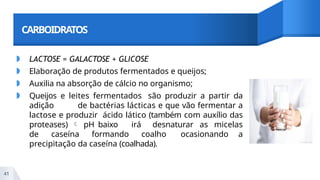 CARBOIDRATOS
◗ LACTOSE = GALACTOSE + GLICOSE
◗ Elaboração de produtos fermentados e queijos;
◗ Auxilia na absorção de cálcio no organismo;
◗ Queijos e leites fermentados são produzir a partir da
adição de bactérias lácticas e que vão fermentar a
lactose e produzir ácido lático (também com auxílio das
proteases)  pH baixo irá desnaturar as micelas
de caseína formando coalho ocasionando a
precipitação da caseína (coalhada).
41
 