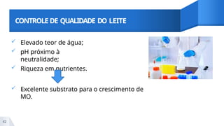 CONTROLE DE QUALIDADE DO LEITE
 Elevado teor de água;
 pH próximo à
neutralidade;
 Riqueza em nutrientes.
 Excelente substrato para o crescimento de
MO.
42
 