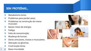 SEM PROTEÍNAS...
◗ Metabolismo lento;
◗ Problemas para perder peso;
◗ Problemas na construção da massa
muscular;
◗ Baixos níveis de energia;
◗ Fadiga;
◗ Falta de concentração;
◗ Mudança de humor;
◗ Dores articulares, ósseas e musculares;
◗ Alteração na glicemia;
◗ Cicatrização lenta;
◗ Baixa imunidade.
5
 