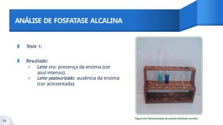 ANÁLISE DE FOSFATASE ALCALINA
◗ Teste 1:
◗ Resultado:
▹ Leite cru: presença da enzima (cor
azul intenso).
▹ Leite pasteurizado: ausência da enzima
(cor acinzentada).
54
 