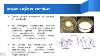 DESNATURAÇÃO DE PROTEÍNAS
◗ Ocorre quando a estrutura da proteína
é danificada.
◗ As alterações supracitadas ocorrem
devido à exposição da proteína aos
chamados agentes desnaturantes
como aquecimento, agitação,
radiação ultravioleta, ácidos, bases,
solventes orgânicos e outros.
◗ Em virtude da modificação em
sua conformação devido à
desnaturação, as proteínas tornam-
se insolúveis em água e perdem sua
função biológica.
6
 