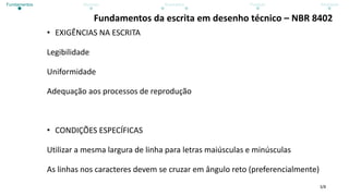 3/8
Fundamentos da escrita em desenho técnico – NBR 8402
• EXIGÊNCIAS NA ESCRITA
Legibilidade
Uniformidade
Adequação aos processos de reprodução
• CONDIÇÕES ESPECÍFICAS
Utilizar a mesma largura de linha para letras maiúsculas e minúsculas
As linhas nos caracteres devem se cruzar em ângulo reto (preferencialmente)
Fundamentos Normas Exemplos Posição Atividade
 