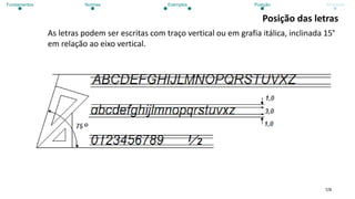 7/8
Posição das letras
As letras podem ser escritas com traço vertical ou em grafia itálica, inclinada 15°
em relação ao eixo vertical.
Fundamentos Normas Exemplos Posição Atividade
 