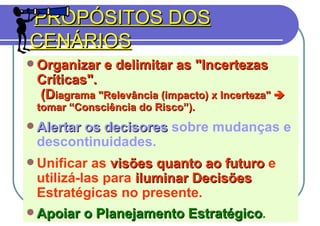 PROPÓSITOS DOS CENÁRIOS ( PROSPECTIVA) Organizar e delimitar as "Incertezas Críticas".  (D iagrama "Relevância (impacto) x Incerteza"    tomar  “C onsciência do  R isco ” ). Alertar os decisores  sobre mudanças e descontinuidades. Unificar as  visões quanto ao futuro  e utilizá-las para  iluminar Decisões  Estratégicas no presente. Apoiar o Planejamento Estratégico . 