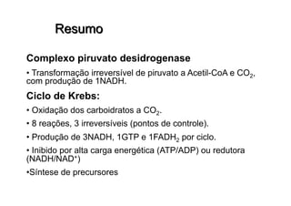 Complexo piruvato desidrogenase
• Transformação irreversível de piruvato a Acetil-CoA e CO2,
com produção de 1NADH.
Ciclo de Krebs:
• Oxidação dos carboidratos a CO2.
• 8 reações, 3 irreversíveis (pontos de controle).
• Produção de 3NADH, 1GTP e 1FADH2 por ciclo.
• Inibido por alta carga energética (ATP/ADP) ou redutora
(NADH/NAD+)
• Síntese de precursores
 