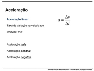 Aceleração Aceleração linear Taxa de variação na velocidade Unidade: m/s 2 Aceleração  nula Aceleração  positiva Aceleração  negativa 