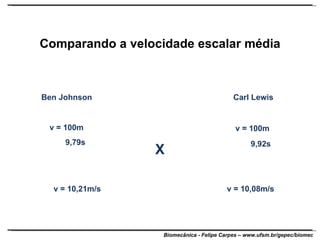 Comparando a velocidade escalar média v = 100m 9,92s v = 100m 9,79s Ben Johnson Carl Lewis X v = 10,21m/s v = 10,08m/s 