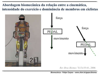 Rev Bras Biomec  7(13):55-61, 2006 Abordagem biomecânica da relação entre a cinemática, intensidade do exercício e dominância de membros em ciclistas PEDAL força movimento PEDAL força movimento 